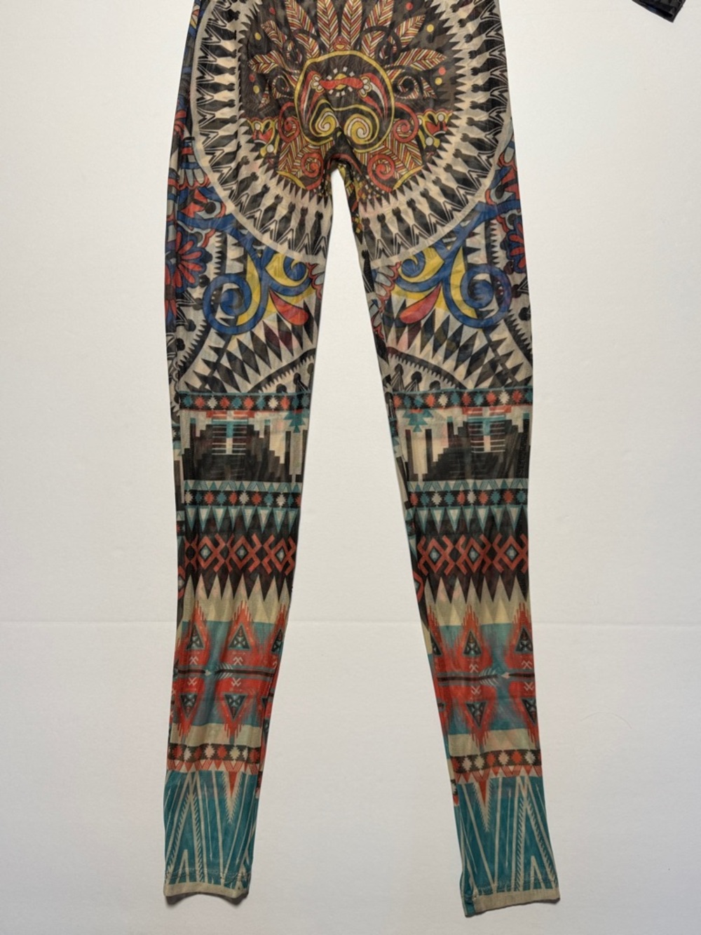 VINTAGE 90's Kaleidoscope Tribal Print Mesh Sheer Stretch Jumpsuit Cat Suit M - Picture 15 of 16